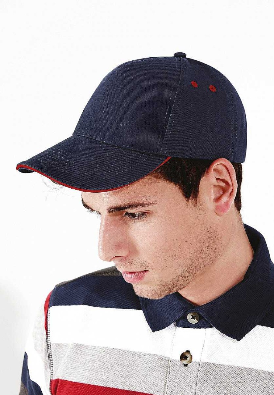 Accesorios Beechfield | Gorra Sandwich Ultimate A De 5 Paneles En Contraste Negro / Real Brillante